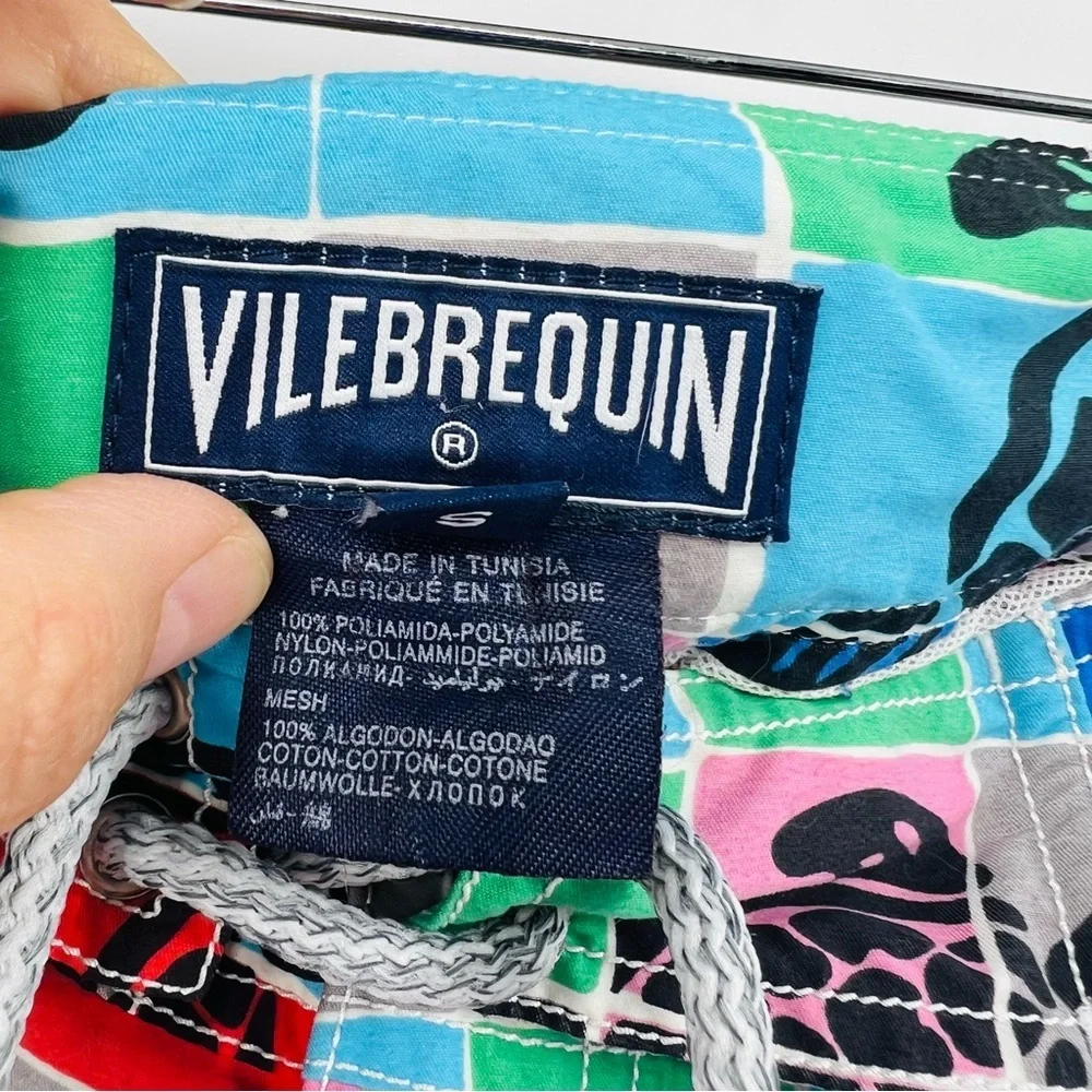 Vilebrequin Mens Swim Trunks Blue Green Sea Turtle‎ Shorts W/Drawstring Size Sm
